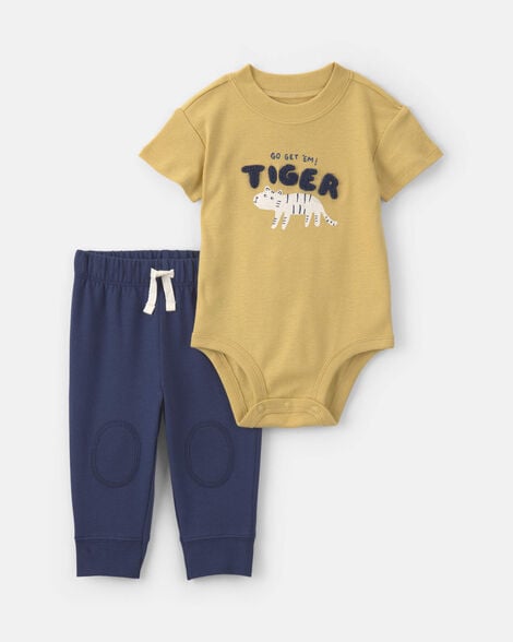 baby boy 2-piece 'go get em tiger' short-sleeve bodysuit & pant set - yellow/navy blue