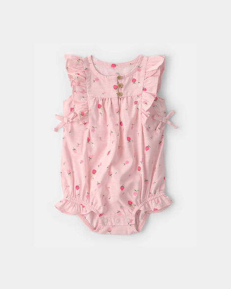 baby girl strawberry sleeveless bubble romper - pink