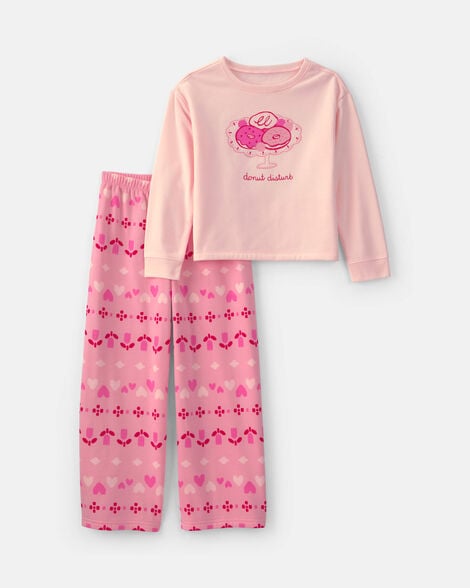 girls 2-piece 'donut worry' fair isle fleece loose fit pajama set - pink