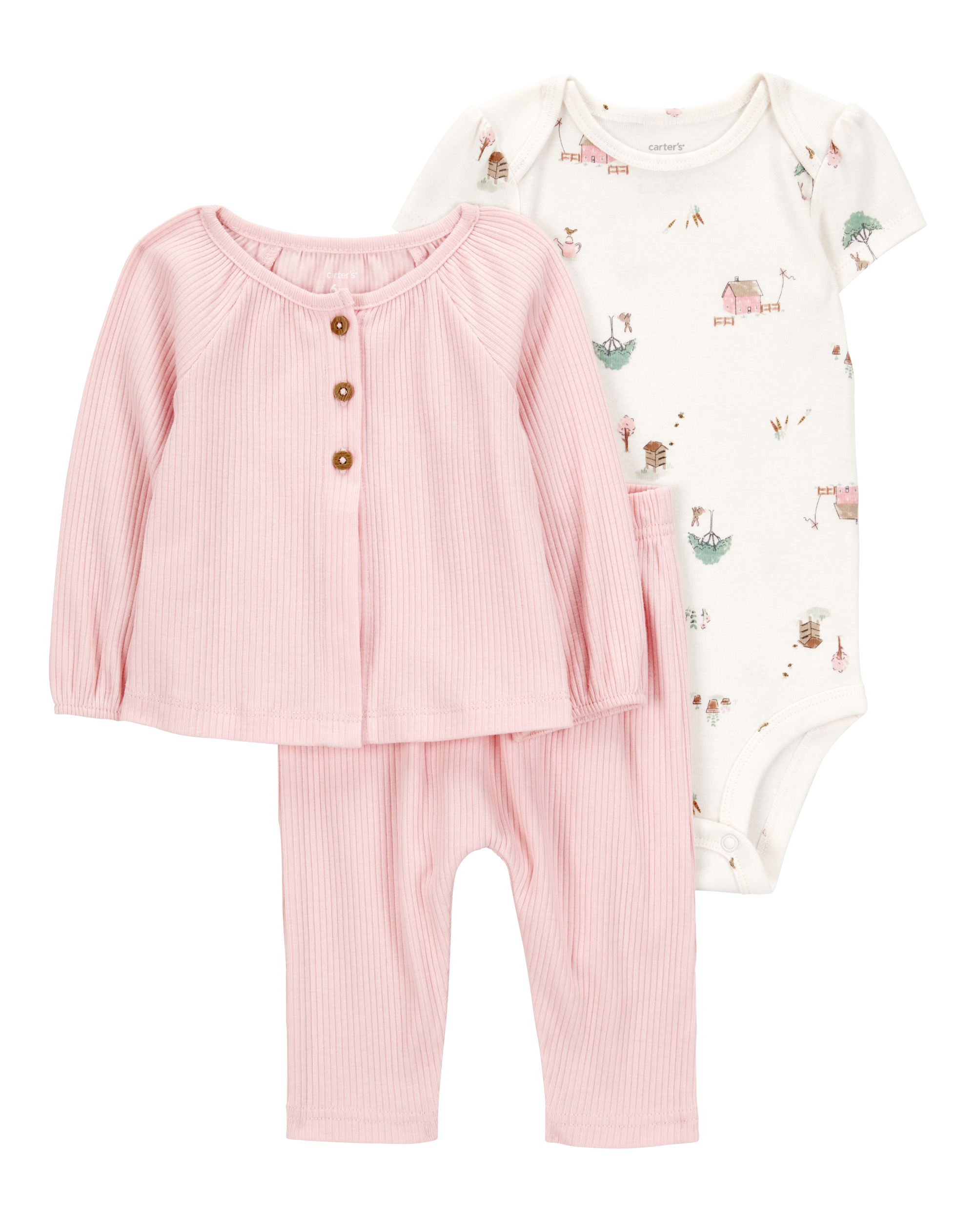 Baby 3-Piece Barn Print Little Cardigan Set - Pink/White