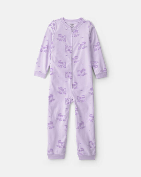girls 1-piece roller skating cat fleece loose fit pajama - purple