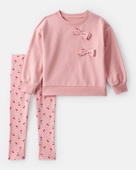 toddler girl cherry bow french terry sweatshirt & pant set - pink
