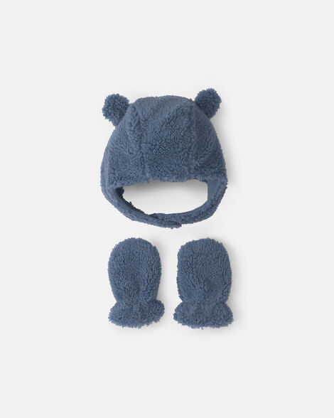 baby bear teddy fleece hat & mitten set - blue