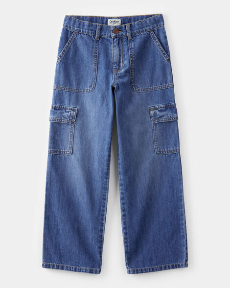 Kid  High Rise Cargo Denim Jeans - Blue Wash