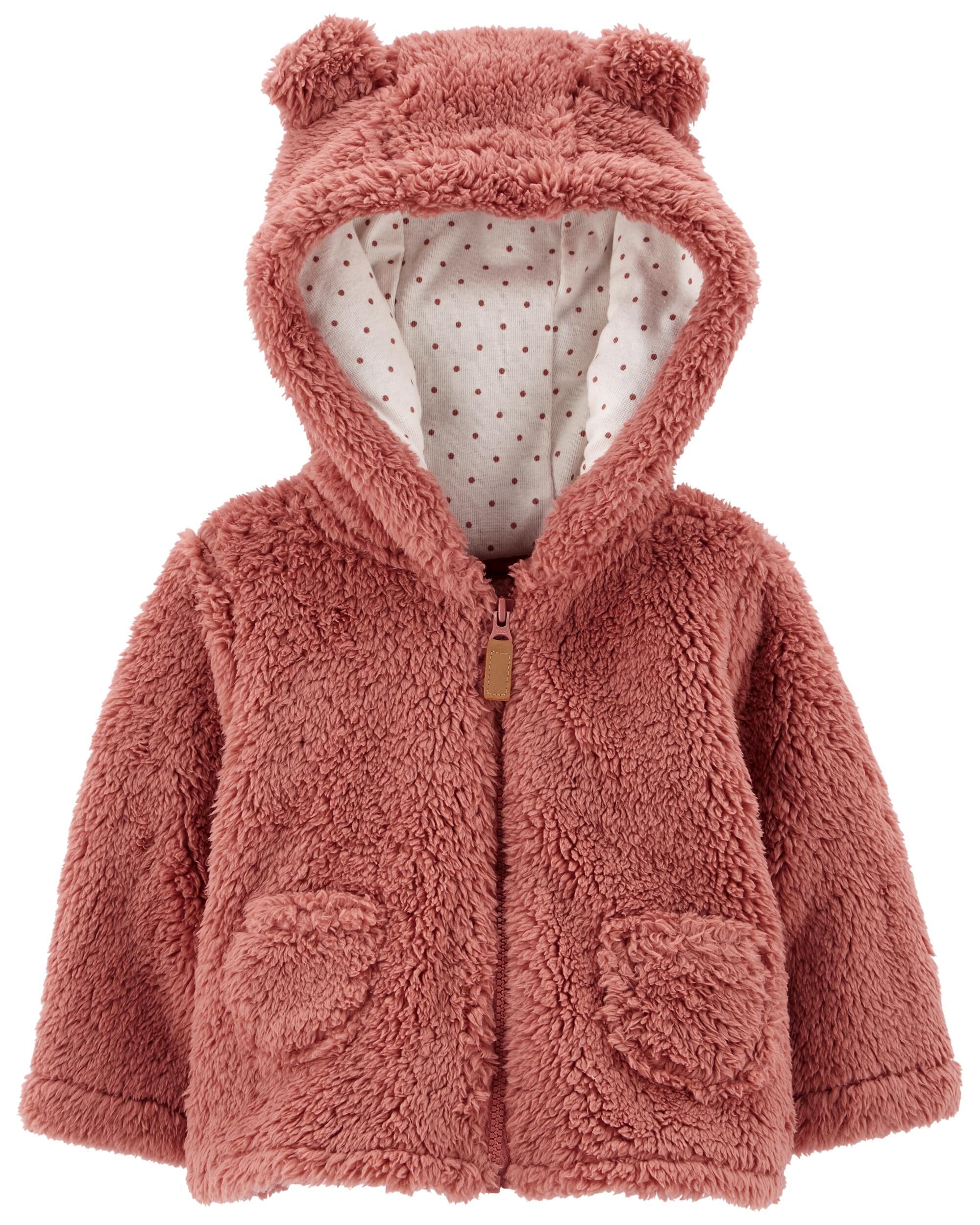 New Carter's Girls Coral Pink Sweater Cardigan Top 3m 6m 9m 12m Bear Ears Hood 