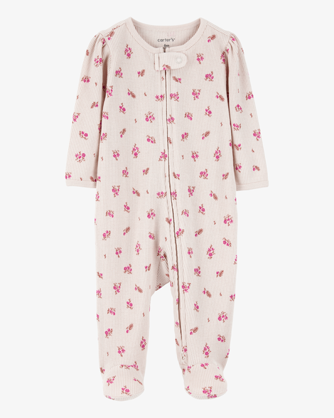 baby floral 2-way zip waffle knit sleep & play pajamas - khaki