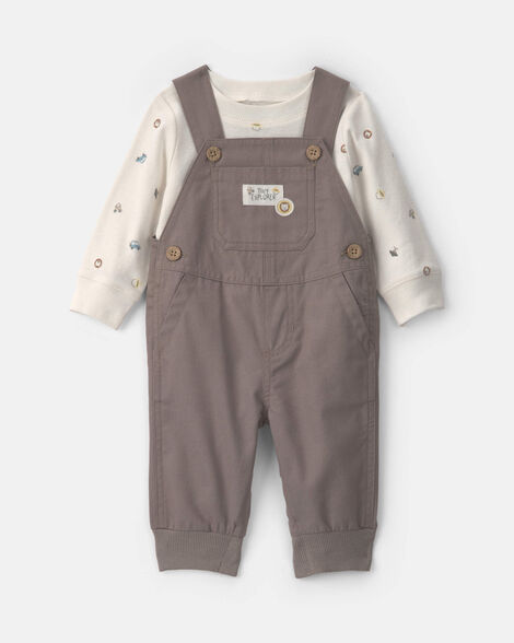 baby boy 2-piece canvas 'tiny explorer' long-sleeve overall set - brown/cream