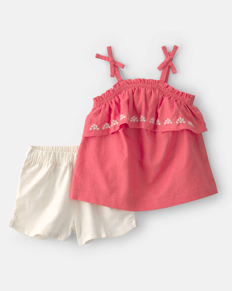 baby girl 2-piece linen sleeveless top & short set - coral/ivory