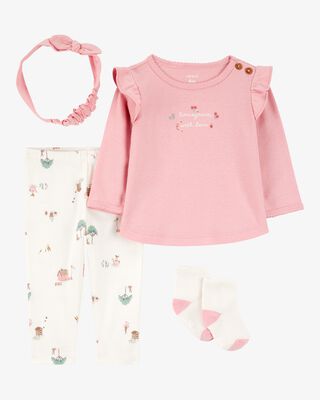 Product image 1 of Baby 4-Piece Farm Print Outfit Set - White/Pink