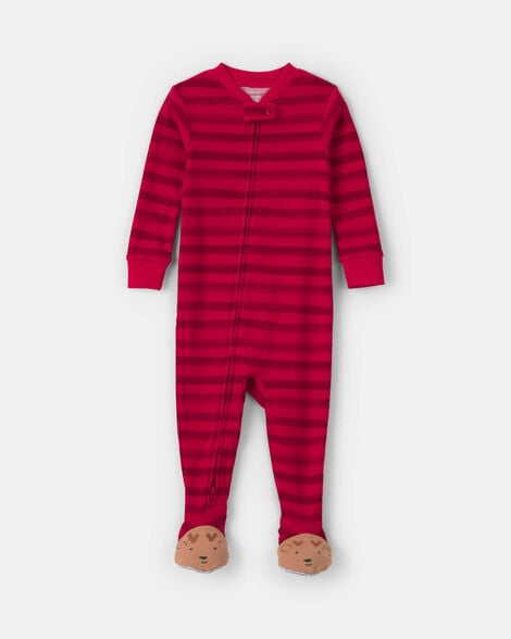 Image of Baby 1-Piece Striped Reindeer 2-Way Zip 100% Cotton Snug Fit Footed Pajama - Red