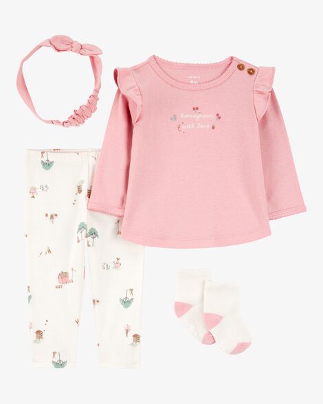  Product image 1 of Baby 4-Piece Farm Print Outfit Set - White/Pink