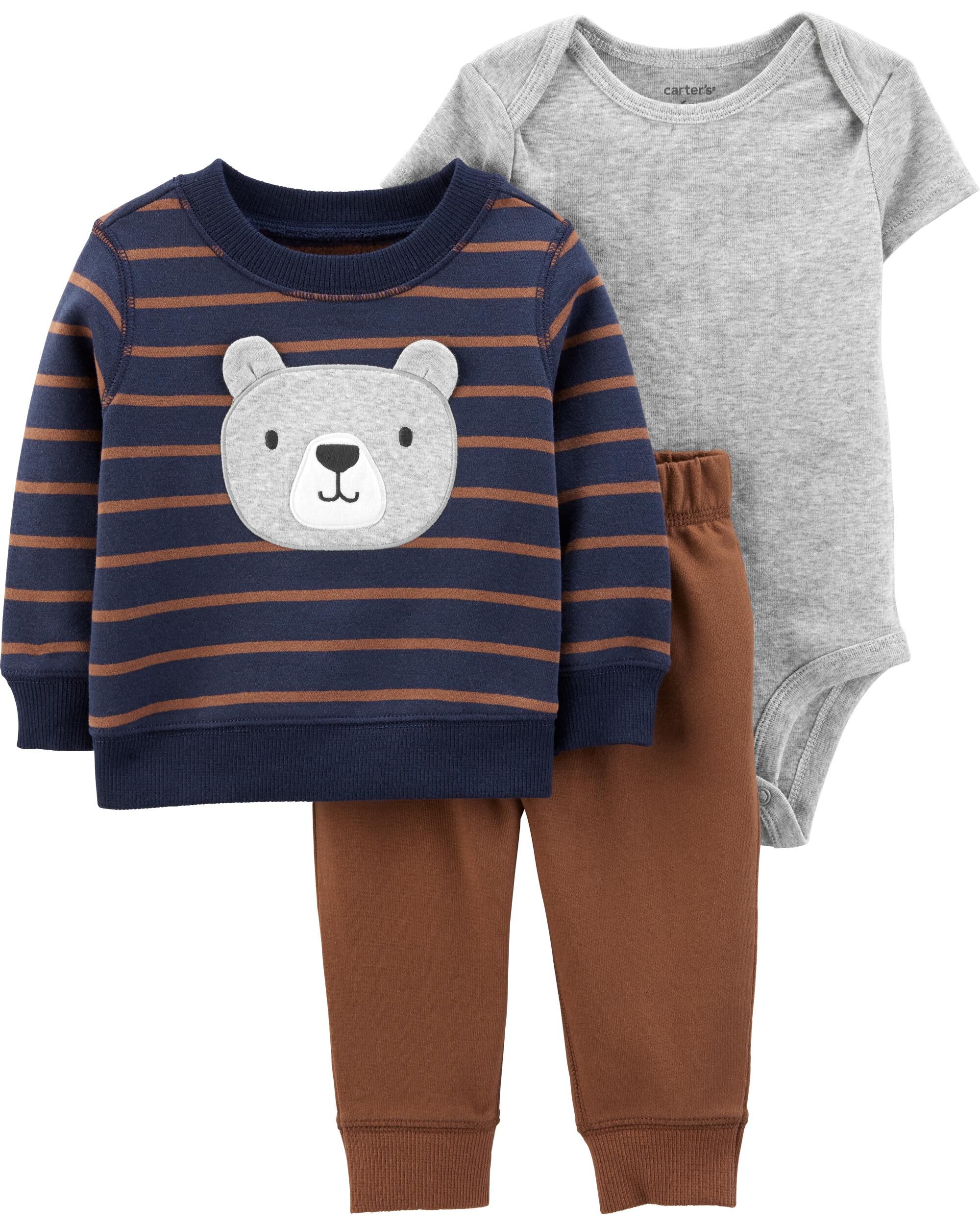New Carter/'s Boys 3 Piece Cardigan Bodysuit Pant Set Terry Bear NB 3m 6m 9m 12m