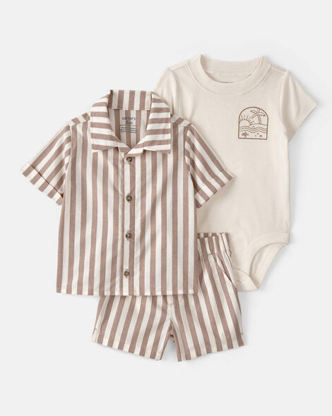 baby boy 3-piece beach striped outfit set - brown/white