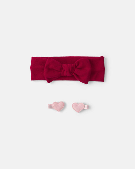 baby girl 3-pack valentine's day headband & hair clips - red/pink