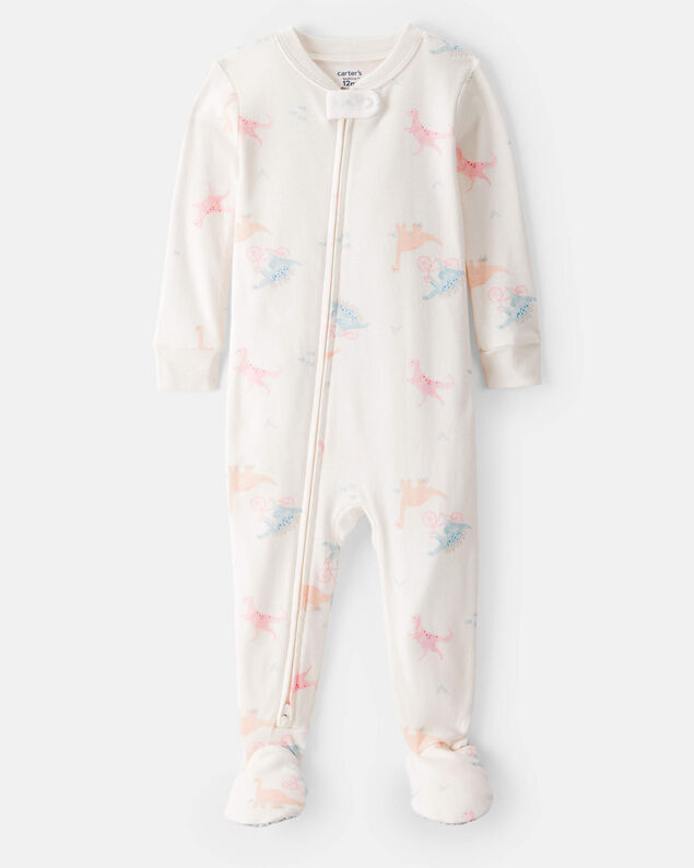 Product image 1 of Baby Girl Dinosaur Print 100% Cotton Long-Sleeve 2-Way Zip 1-Piece Pajamas - White