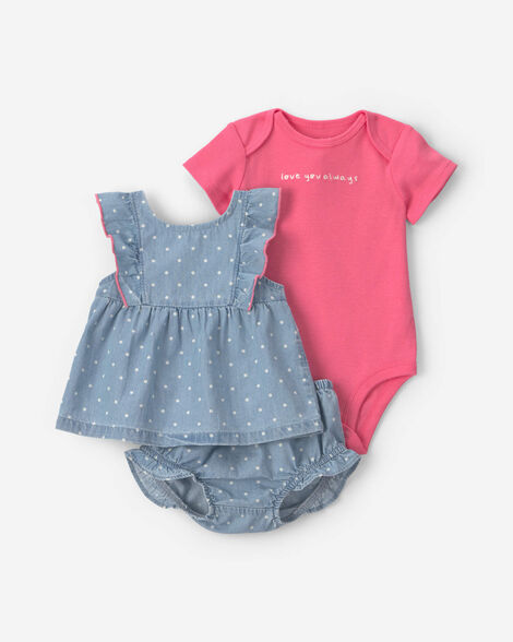 baby girl 3-piece 'love you always' chambray bodysuit & short set - blue/pink