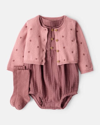 Baby Girl 3-Piece Bow Heart Print Long-Sleeve Dress Set - Ivory/Pink