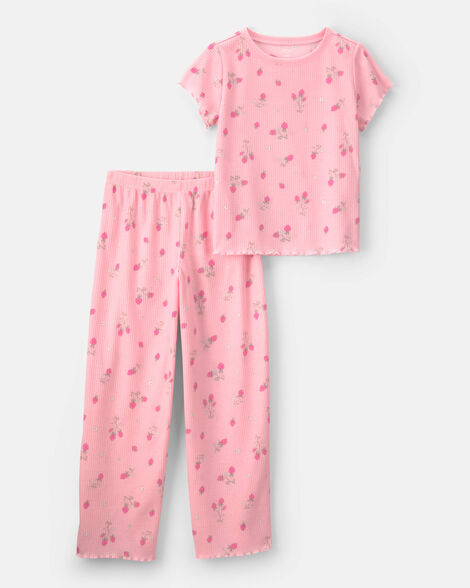 girls strawberry rib loose fit 2-piece pajama set - pink