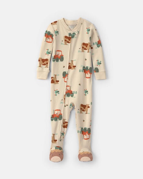 toddler boy 1-piece farm 100% cotton snug fit footed pajama - beige