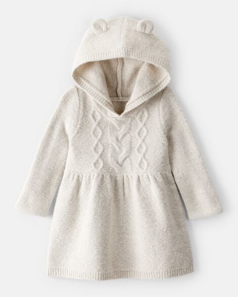 Baby Girl Long-Sleeve Hooded Sweater Dress with Bear Ears - Oatmeal
