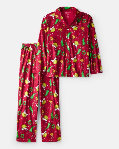 adult dr. seuss™ the grinch print fleece long-sleeve loose fit 2-piece pajamas - red