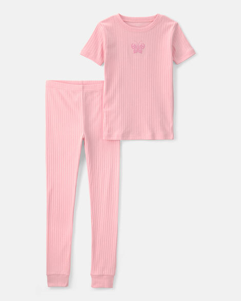 girls butterfly rib snug fit 2-piece pajama set - pink