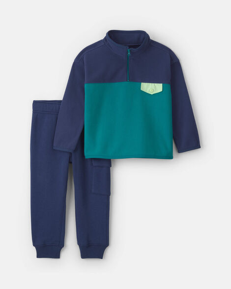 toddler boy 2-piece color block fleece pullover & pant set - navy blue/green