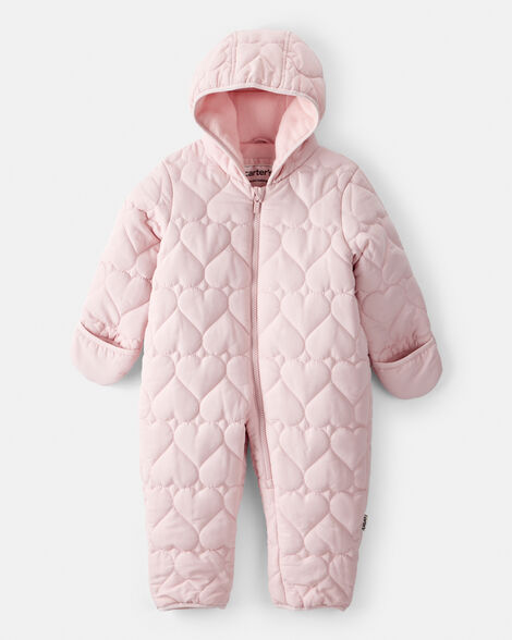 baby girl 1-piece heart quilted pram snowsuit - pink