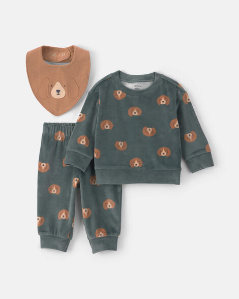 baby boy 3-piece dog long-sleeve top & pant set - green