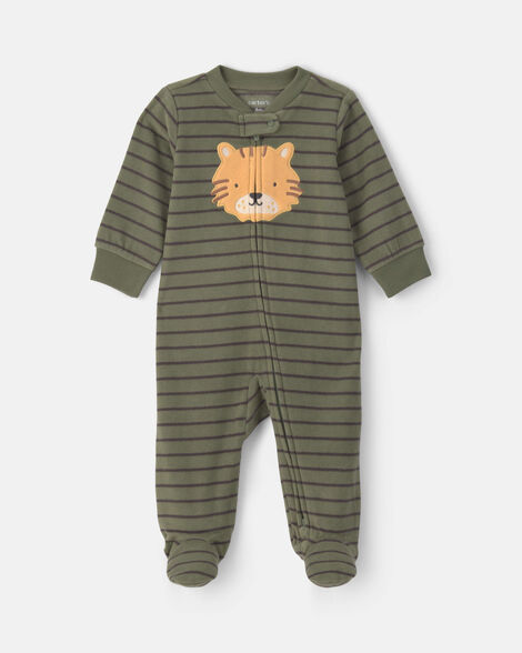 baby boy tiger striped fleece 2-way zip sleep & play pajamas - green