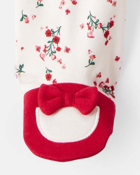 Baby Girl Bow Floral Print 100% Cotton Sleep & Play Pajamas - White/Red