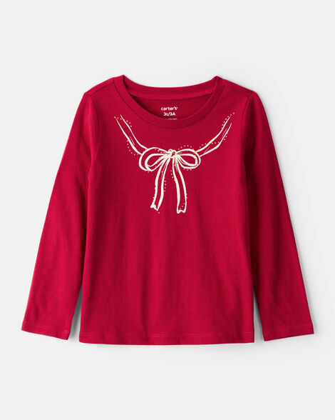 toddler girl bow long-sleeve graphic tee - red