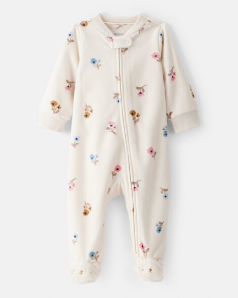 baby girl floral print loose fit long-sleeve 2-way zip sleep & play pajamas - cream