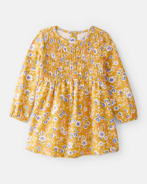 toddler girl smocked floral long-sleeve dress - yellow