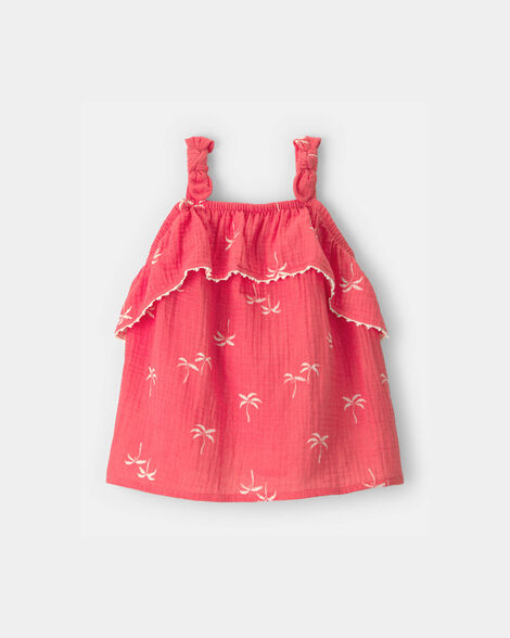 toddler girl palm tree gauze tank top - coral