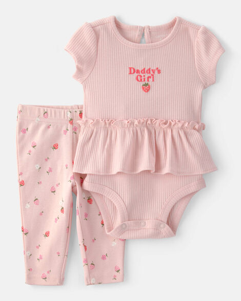 baby girl 'daddy's girl' strawberry short sleeve bodysuit & pant set - pink