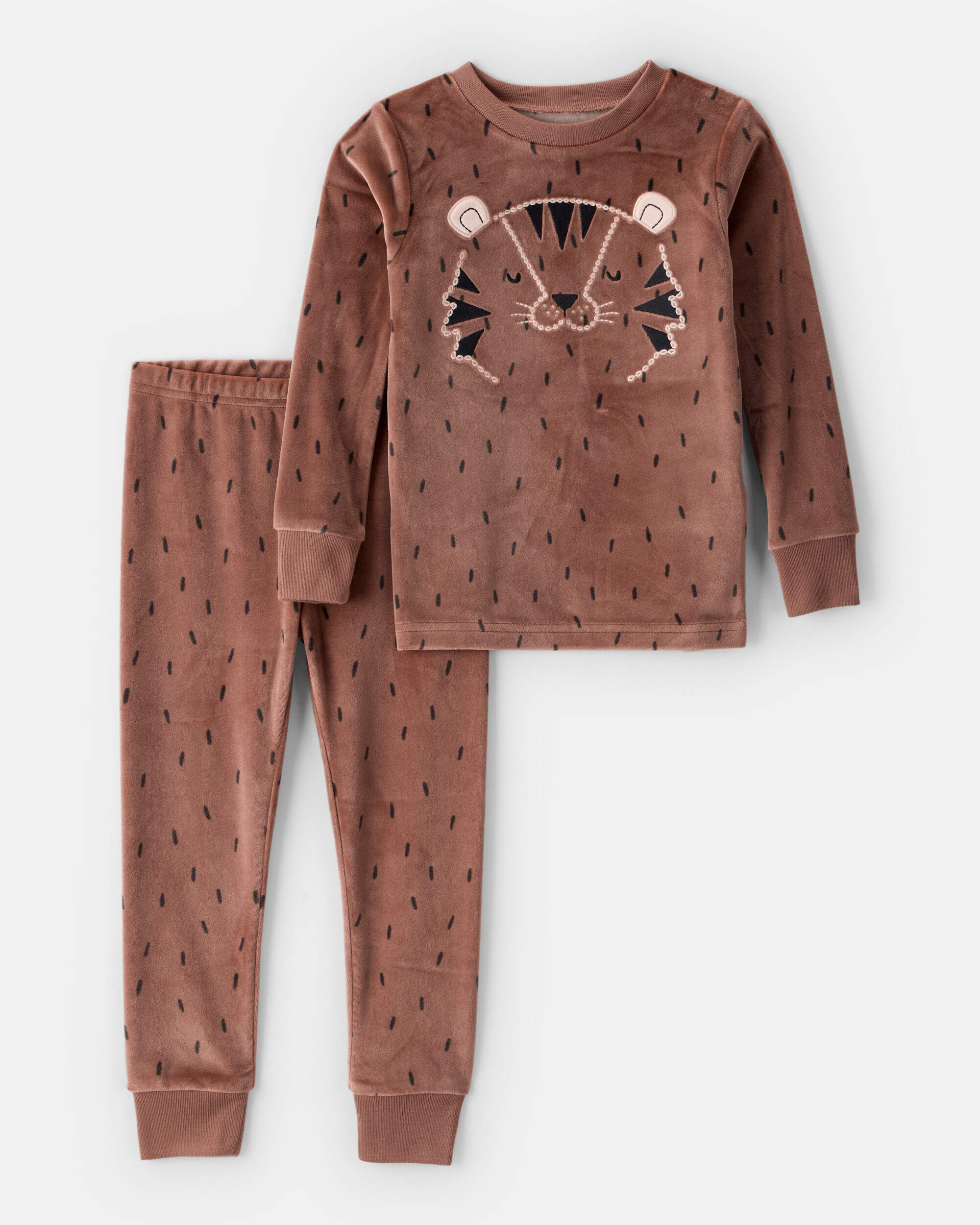 Toddler Boy Tiger Print Velour Long-Sleeve Snug Fit 2-Piece Pajamas - Brown