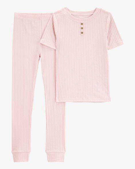  Product image 1 of Kid Solid Ribbed Cotton Blend 2-Piece Pajamas - Pink