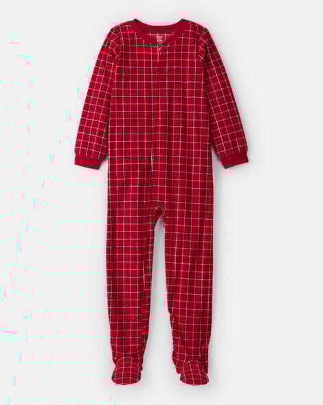 kid plaid print fleece long-sleeve loose fit 1-piece pajamas - red