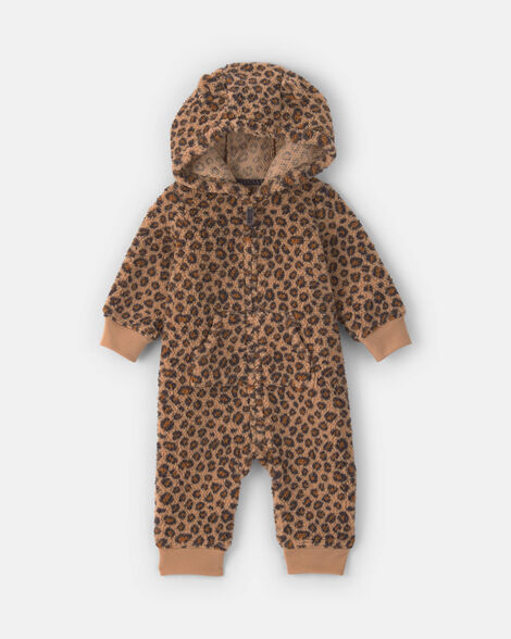 baby girl leopard teddy fleece long-sleeve jumpsuit - brown