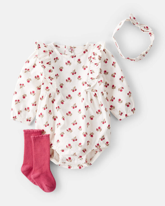 Product image 1 of Baby 3-Piece Floral Bubble Outfit Set - Pink/White