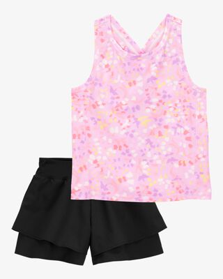 Product image 1 of Kid 2-Piece Floral Active Racerback Tank & Flowy Layered Flip Short Set - Pink/Black