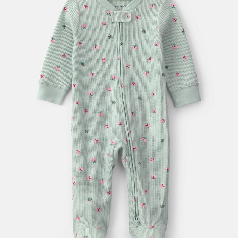 Baby Girl Butterfly Cotton 2-Way Zip Thermal Sleep & Play Pajamas - Green