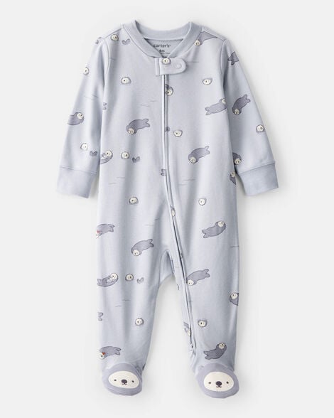 baby otter print 100% cotton long-sleeve snug fit sleep & play pajamas - blue