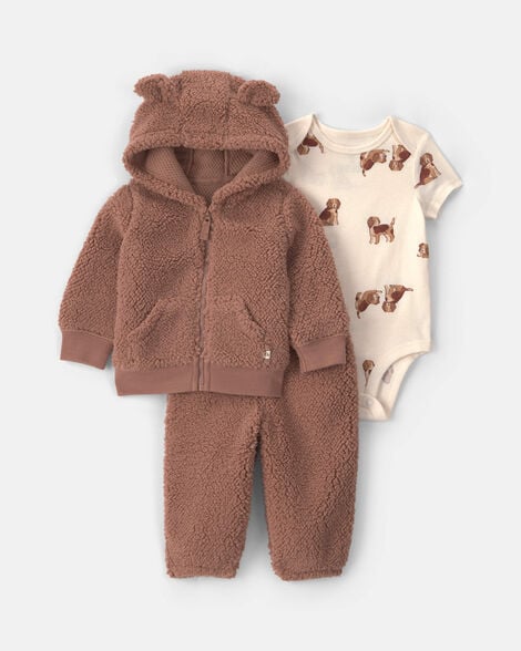 baby boy 3-piece dog teddy fleece layering set - brown