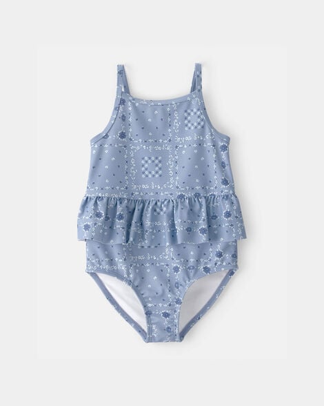 Toddler Girl Bandana Floral 1-Piece Swimsuit - Blue