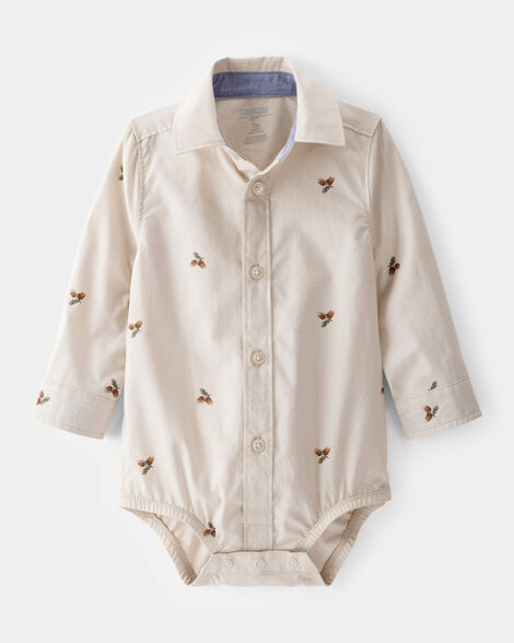  Product image 1 of Baby Poplin Acorn Print Long-Sleeve Bodysuit - Khaki