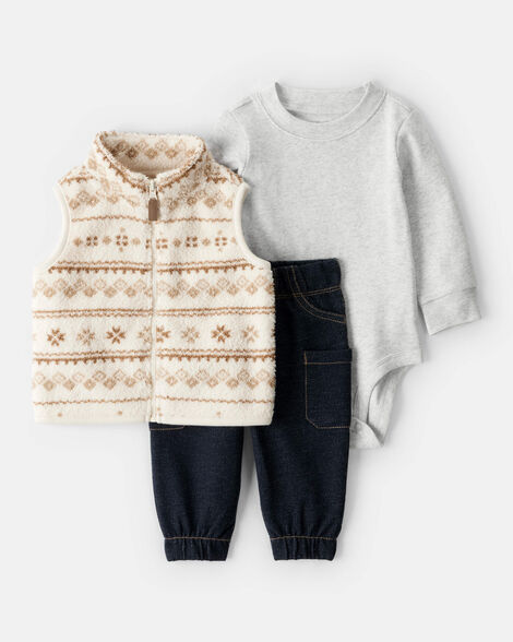 baby boy 3-piece fair isle sherpa vest outfit set - khaki