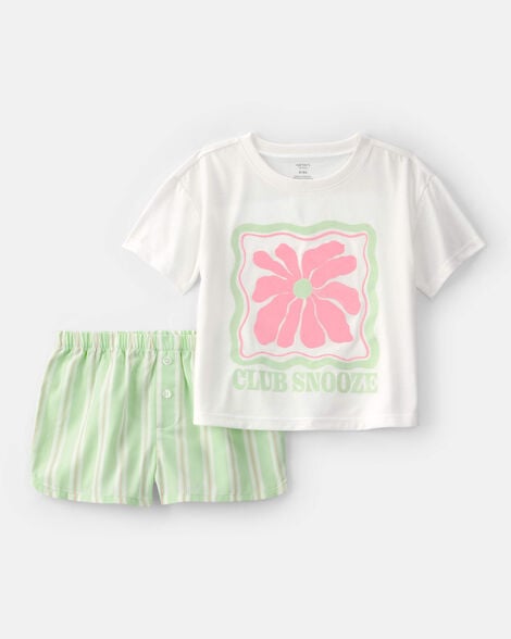 girls 'club snooze' flower short-sleeve loose fit 2-piece pajama set - ivory/green