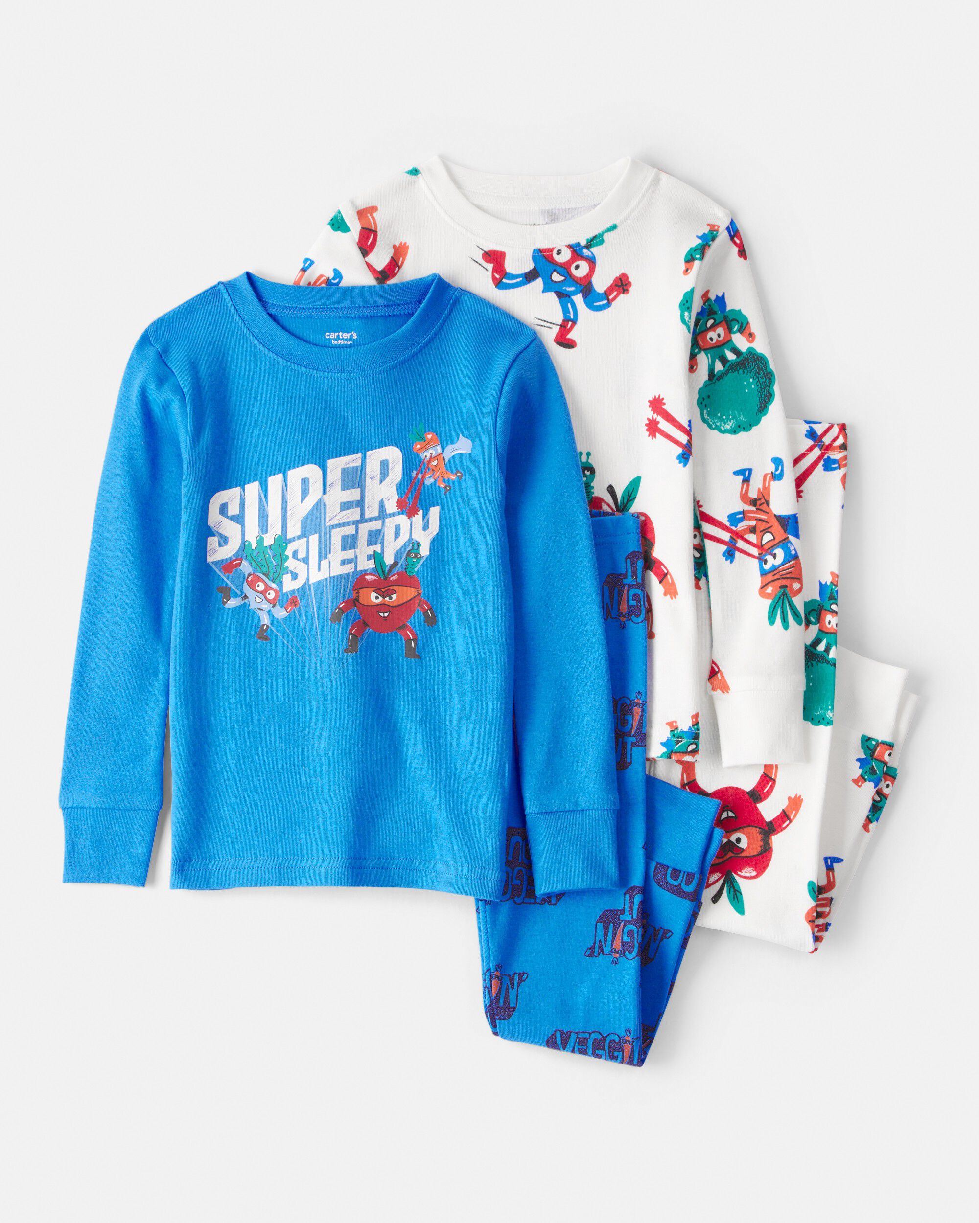 Toddler Boy Veggies 100% Cotton Loose Fit 4-Piece Pajamas - Blue/White
